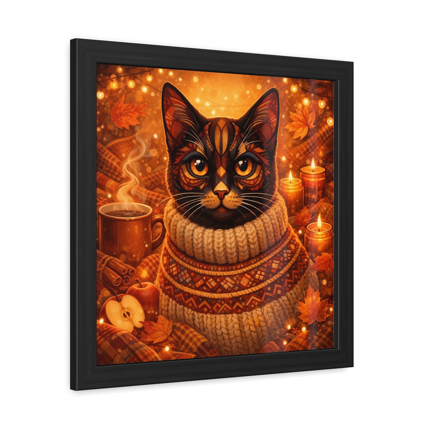Autumn Cozy Cat Framed Poster — Sweater Cat Wall Art for Fall Decor