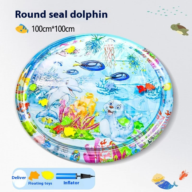 Round inflatable pet water mat with seal-dolphin design and underwater animals
