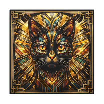 Art Deco Cat Canvas Print — Golden Geometric Feline Wall Art