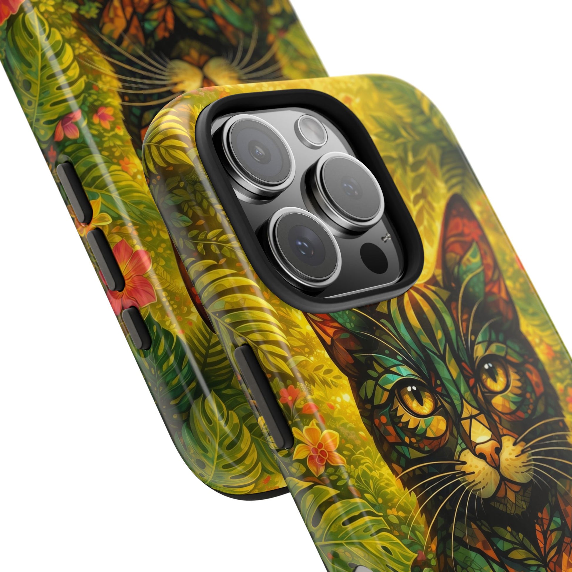 Tough phone case with vibrant jungle cat print and camera cutout on a dark shell