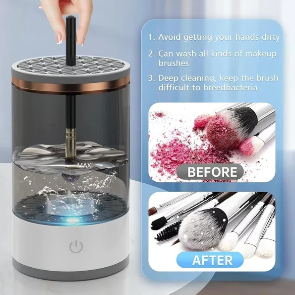 Electric makeup brush cleaner showing top nozzle and water-filled cleaning chamber