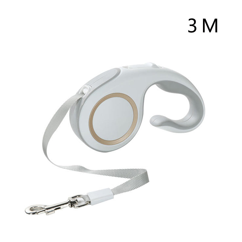Automatic retractable dog leash with webbing strap and metal clip, white with gray accents