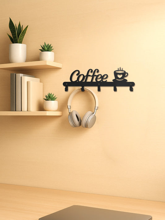 Black wall-mounted coffee mug holder rack with bar and hooks