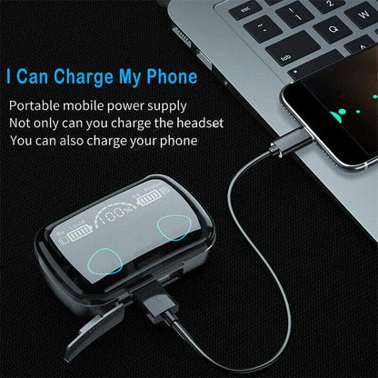 Black wireless earbuds charging case with USB cable and two charging ports