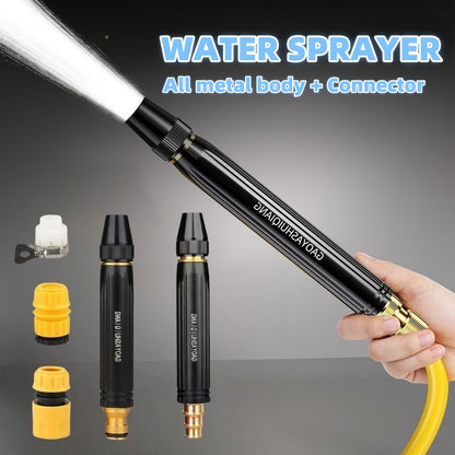 Adjustable water gun nozzle with black body and brass connector, handheld spray tip
