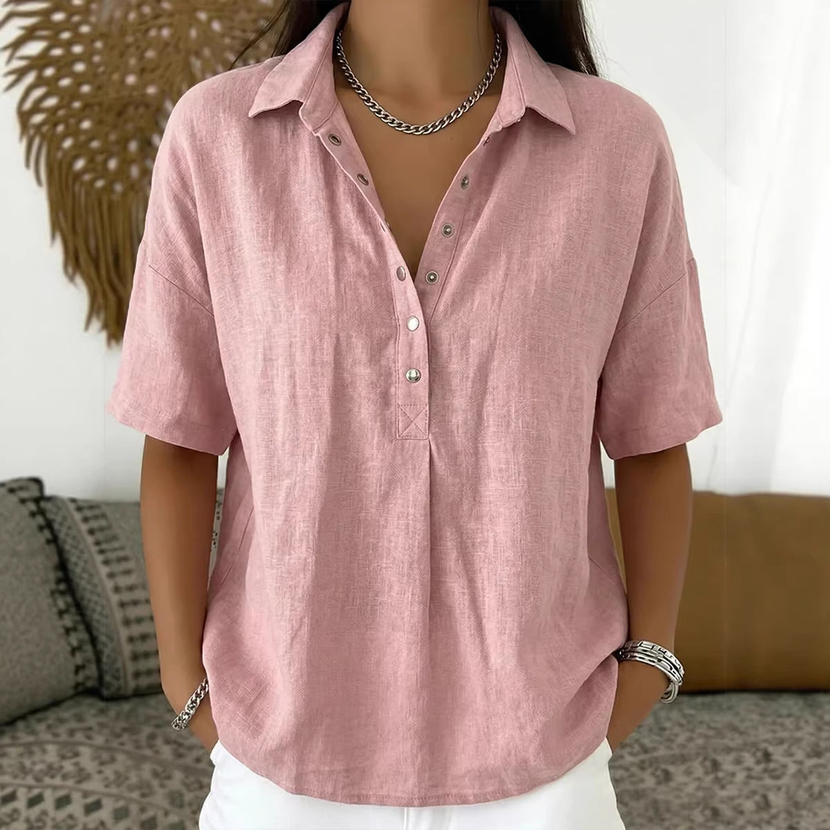 Women’s button-front short-sleeve pullover shirt, pink with V-neck placket and collar