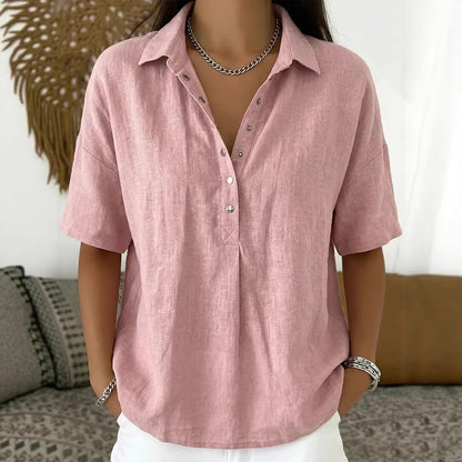Women’s button-front short-sleeve pullover shirt, pink with V-neck placket and collar
