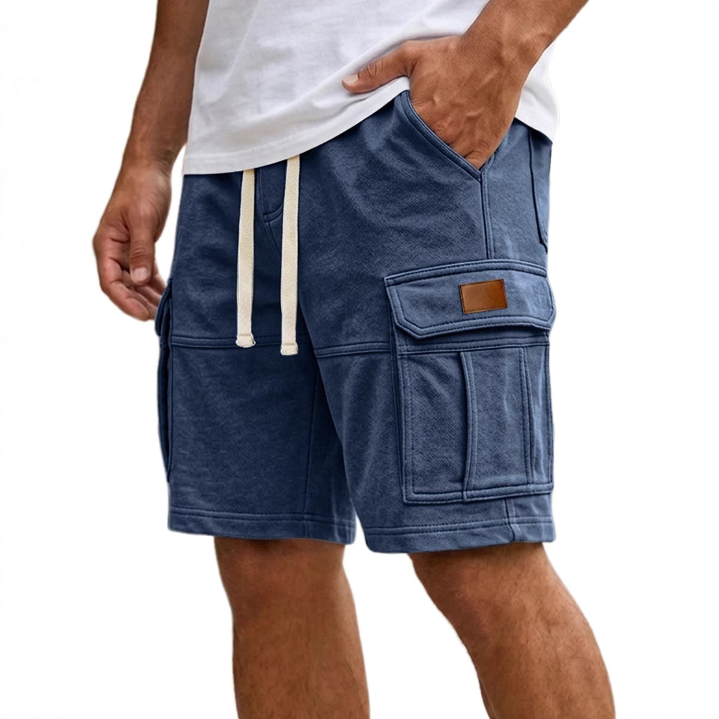Dark blue men’s cargo shorts with flap side pocket and adjustable drawstring waist