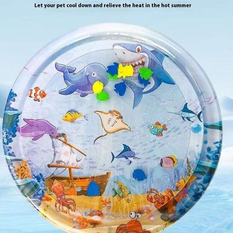Inflatable pet cooling water mat with ocean animal graphics, close view of round surface