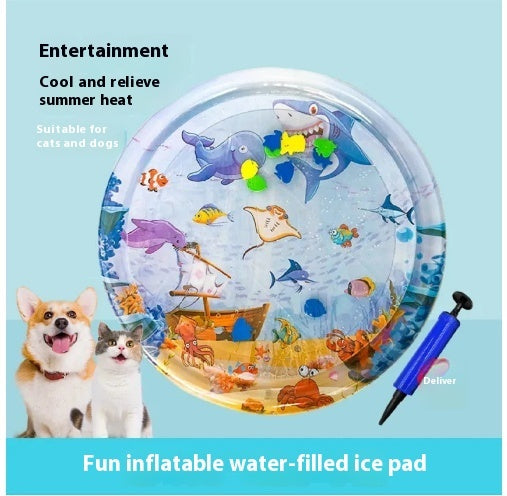 Inflatable pet cooling water mat with clear round top and ocean animal print