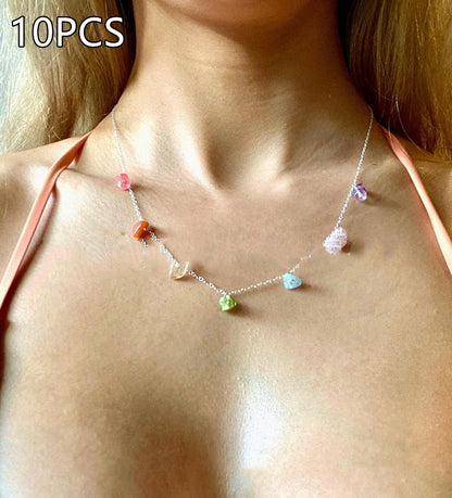 Gold crystal pendant necklace with small multi-color crystal drops on a thin chain