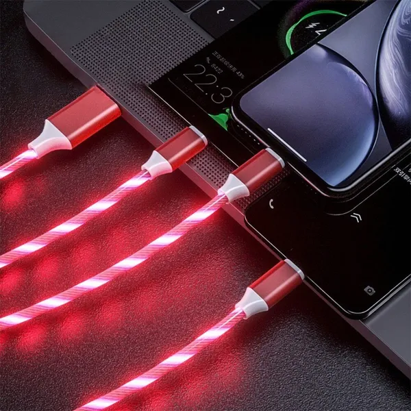 3-in-1 fast charging cable with red-lit braided cord and three charging plugs