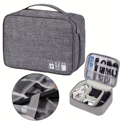 Gray zippered cable organizer bag with handle and clear organizer panel for devices