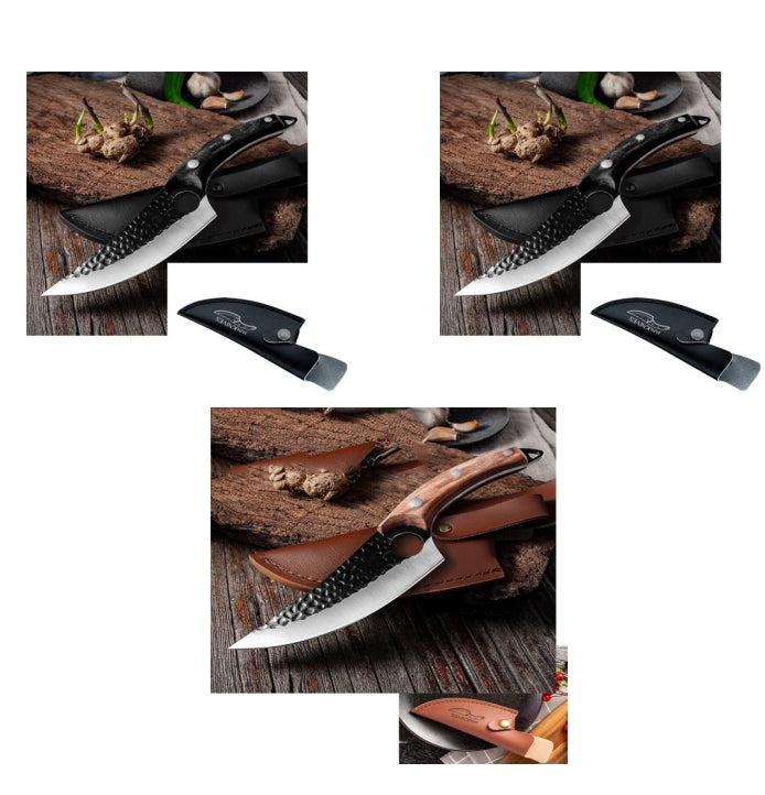 Knife set with brown and black handles; leather sheaths shown in multiple views