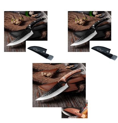Knife set with brown and black handles; leather sheaths shown in multiple views