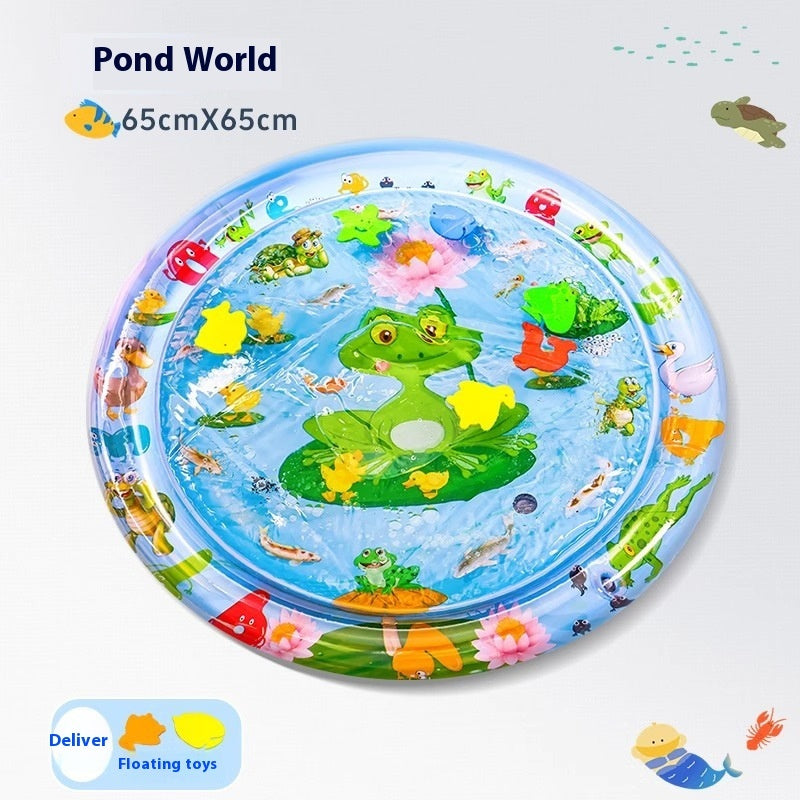 Round inflatable pet cooling water mat with pond animal print in green and blue