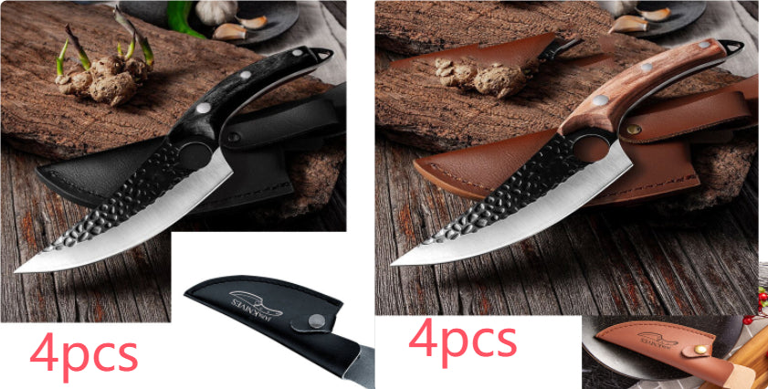 Knife set with black leather sheath; black-handled boning knife and scimitar