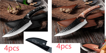 Knife set with black leather sheath; black-handled boning knife and scimitar