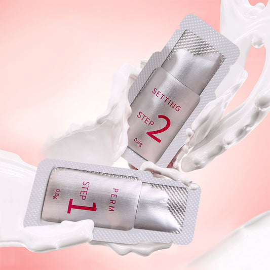 Lash perm lotion pouches, silver blister pack with Step 1 and Step 2 labels