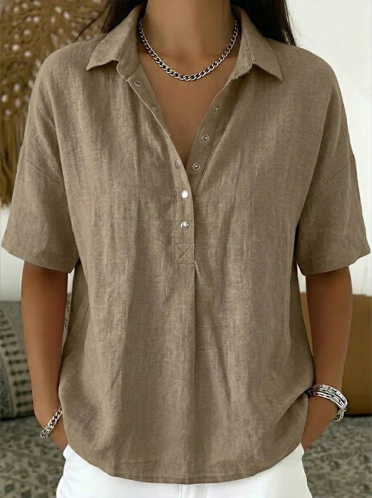 Women’s button-front short-sleeve pullover shirt, brown with V-neck placket and collar