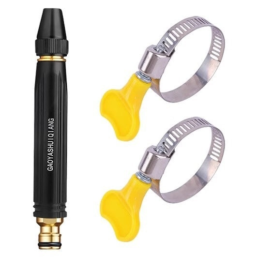 Water gun nozzle set with two yellow hose clips and black nozzle body