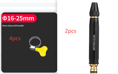 Adjustable hose clamp nozzle with handle, black body and gold fittings