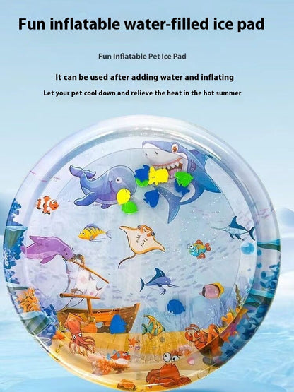 Inflatable pet cooling water mat with ocean animal graphics, transparent round top