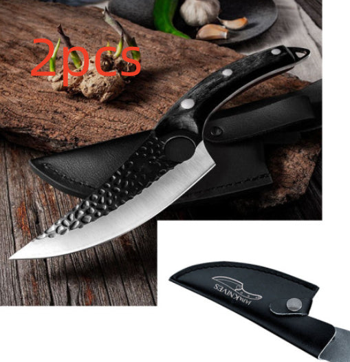 Two boning and scimitar knives with black handles and textured grips, with black sheath