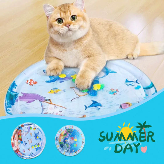 Inflatable round pet cooling water mat with ocean animal print, resting under a cat