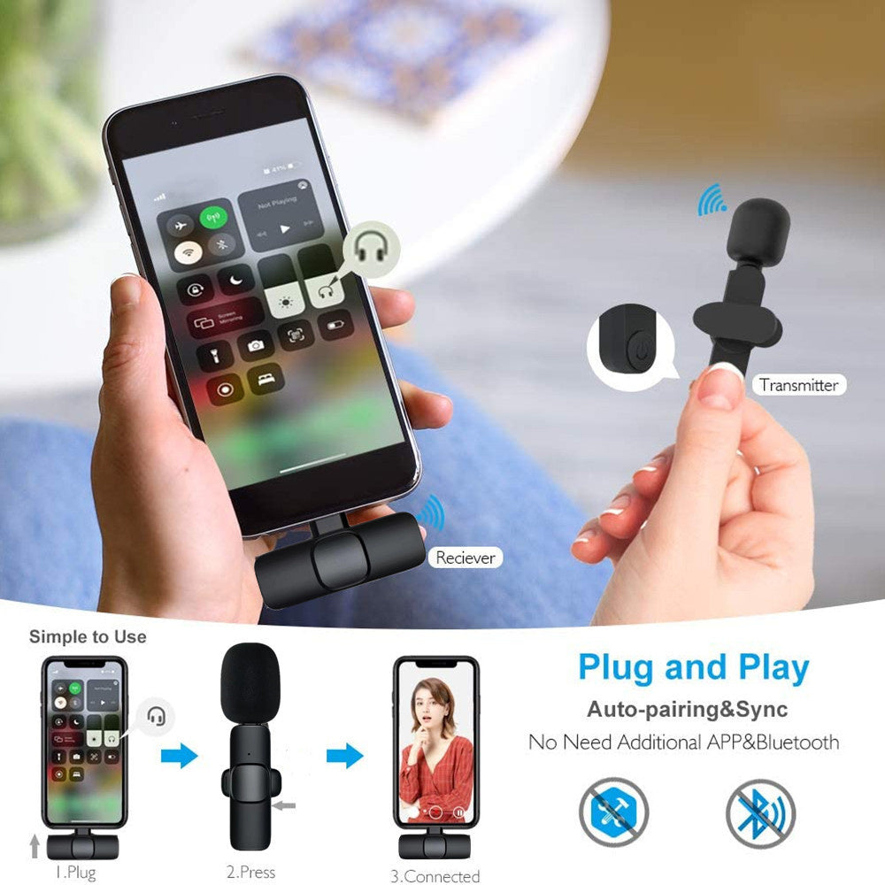 Wireless lavalier microphone with transmitter unit, receiver clip, and phone screen