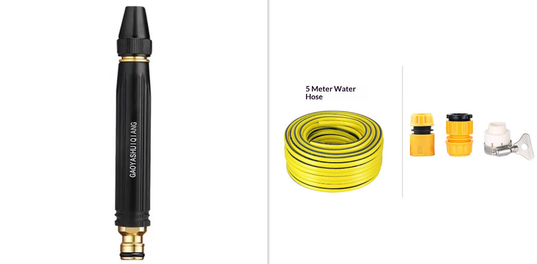 Water gun nozzle with 5 m yellow hose, black nozzle body and small connectors