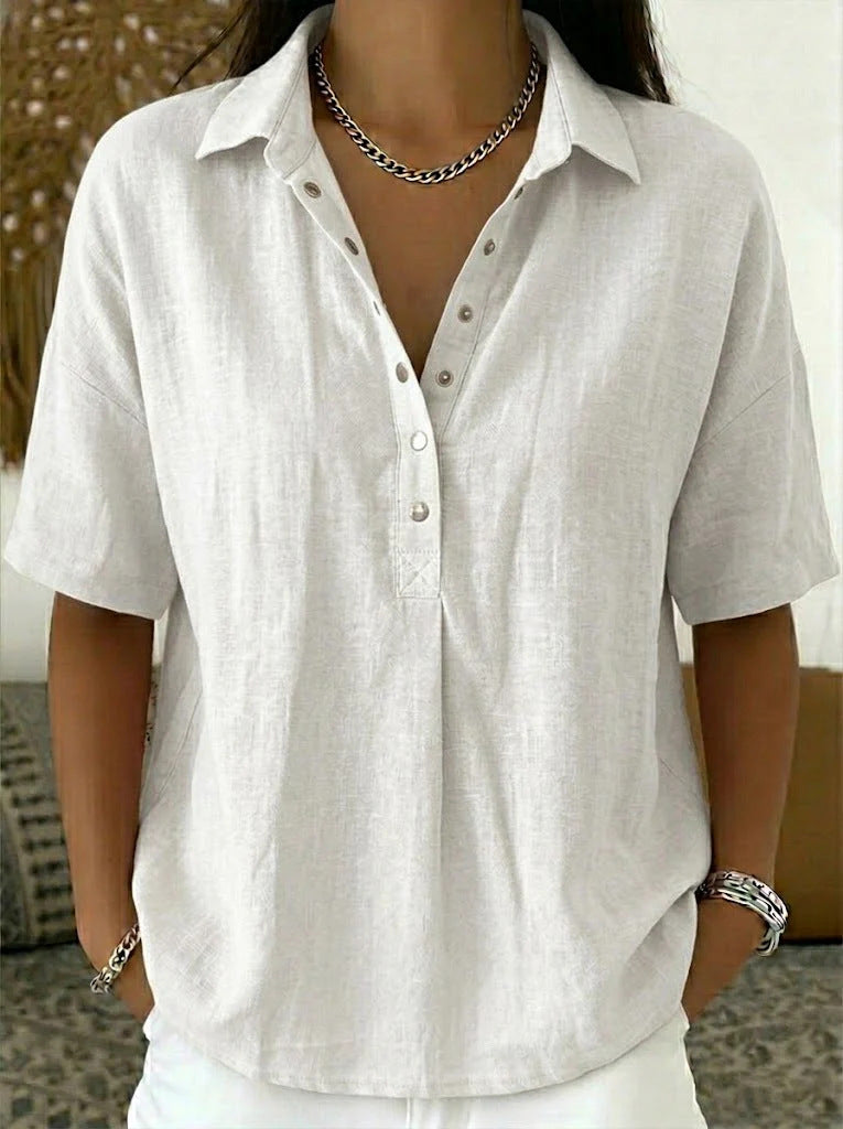 Women’s button-front short-sleeve pullover shirt, white with V-neck placket and collar