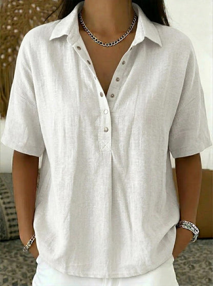 Women’s button-front short-sleeve pullover shirt, white with V-neck placket and collar