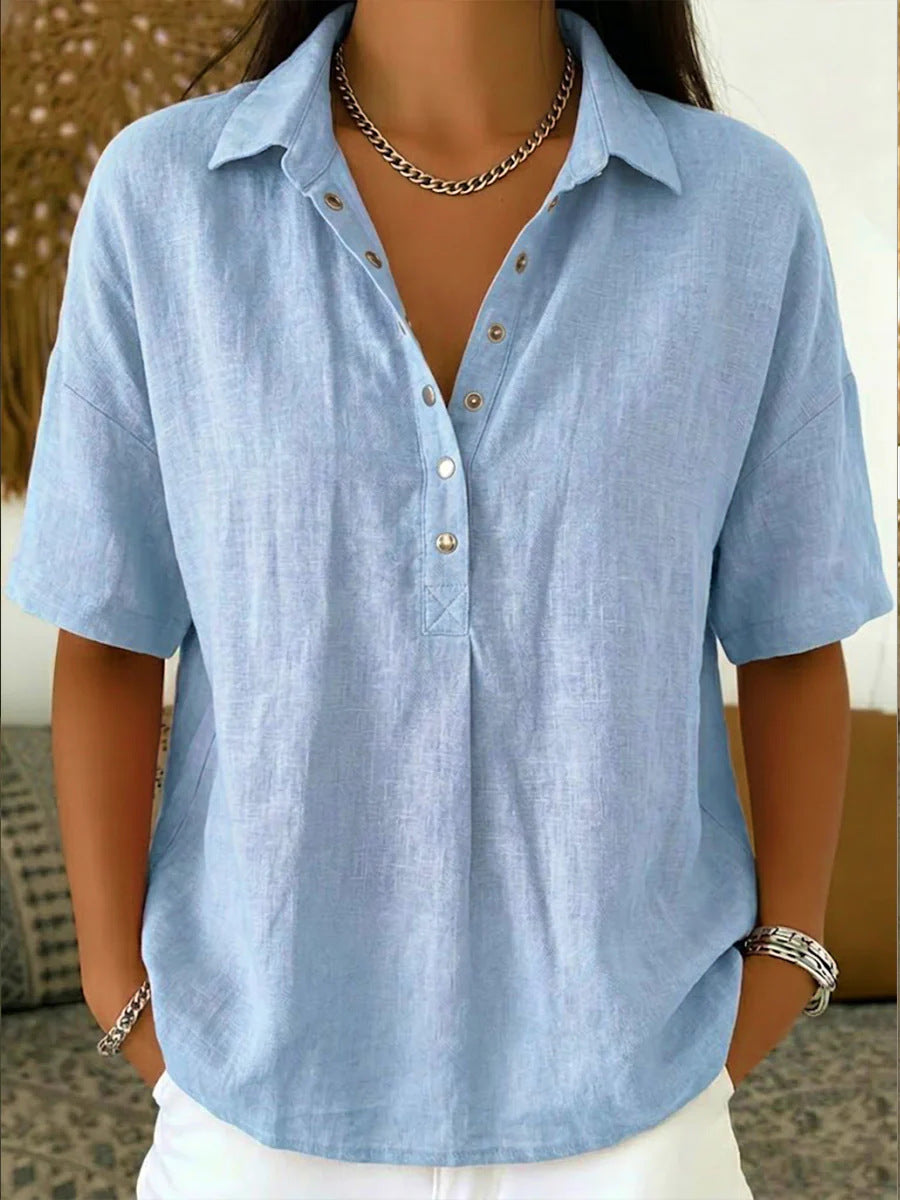 Women’s button-front short-sleeve pullover shirt, light blue with V-neck placket and collar