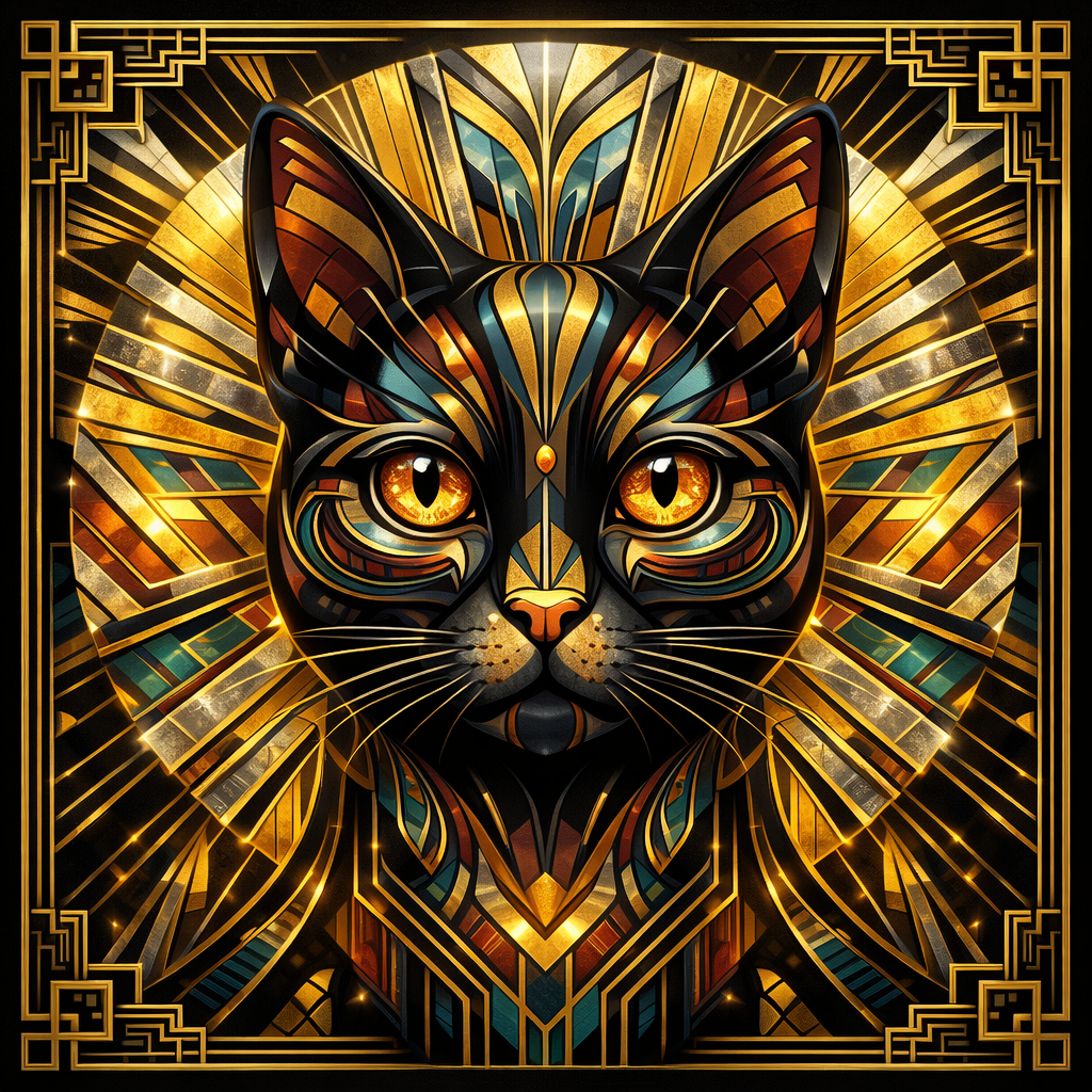 Neo art deco cat head print with gold geometric rays and ornate border
