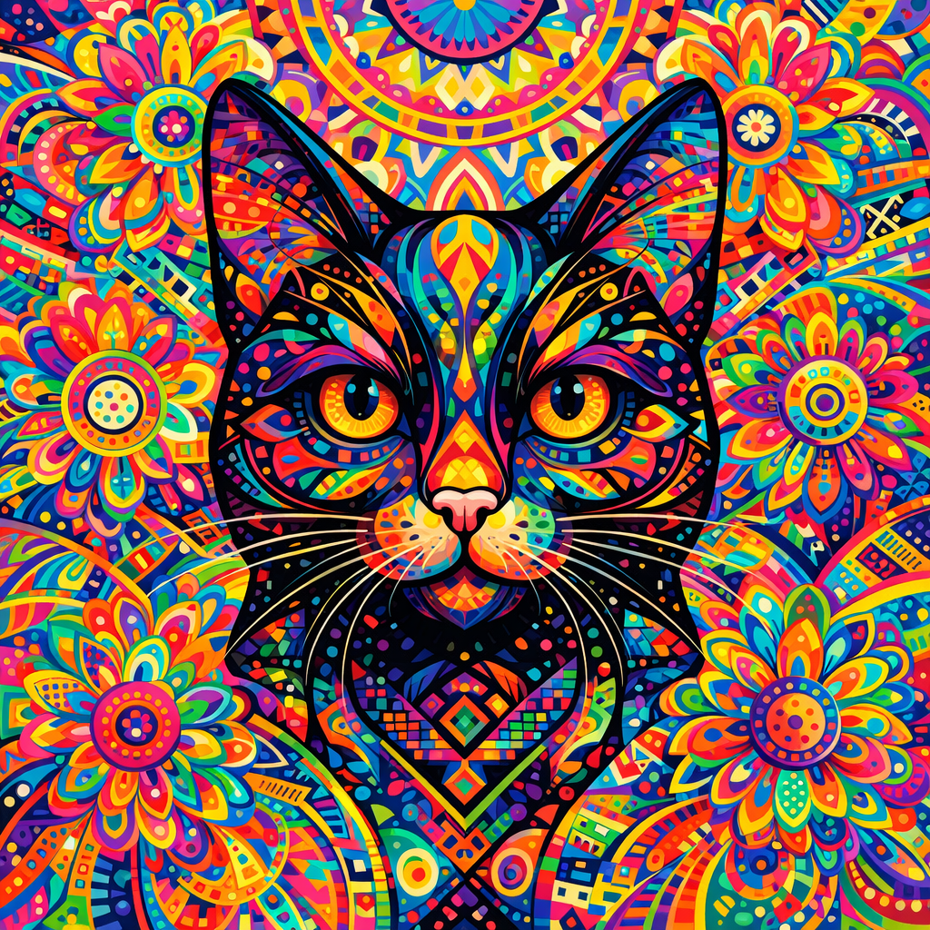 Cat graphic artwork featuring a colorful patterned face and ears
