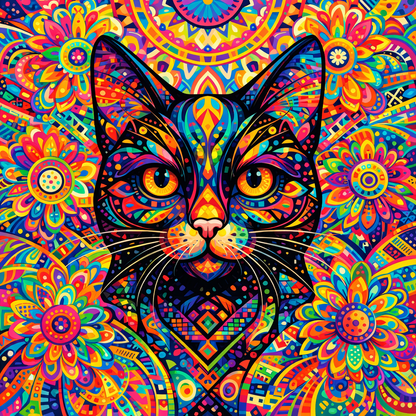 Cat graphic artwork featuring a colorful patterned face and ears