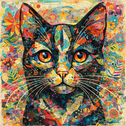 Colorful cat face collage art print with mosaic-like patterns and bold eyes