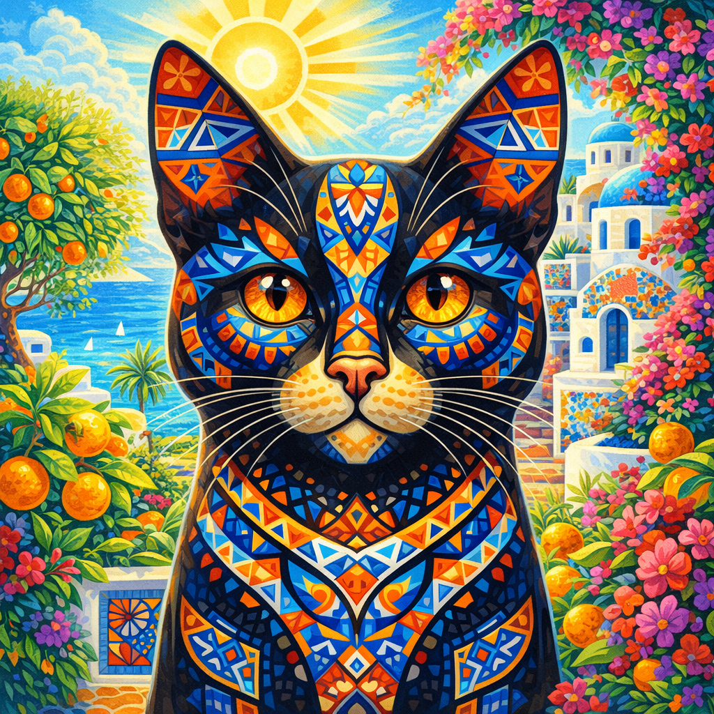 Colorful mosaic-style cat face print with orange nose and round orange eyes