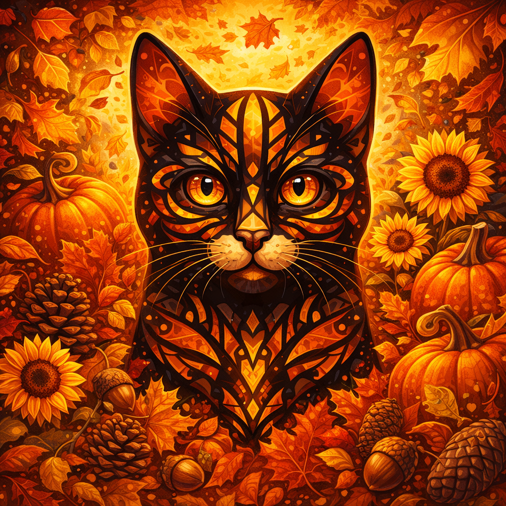 Black cat face graphic with orange fall leaves and sunflowers, harvest-themed art