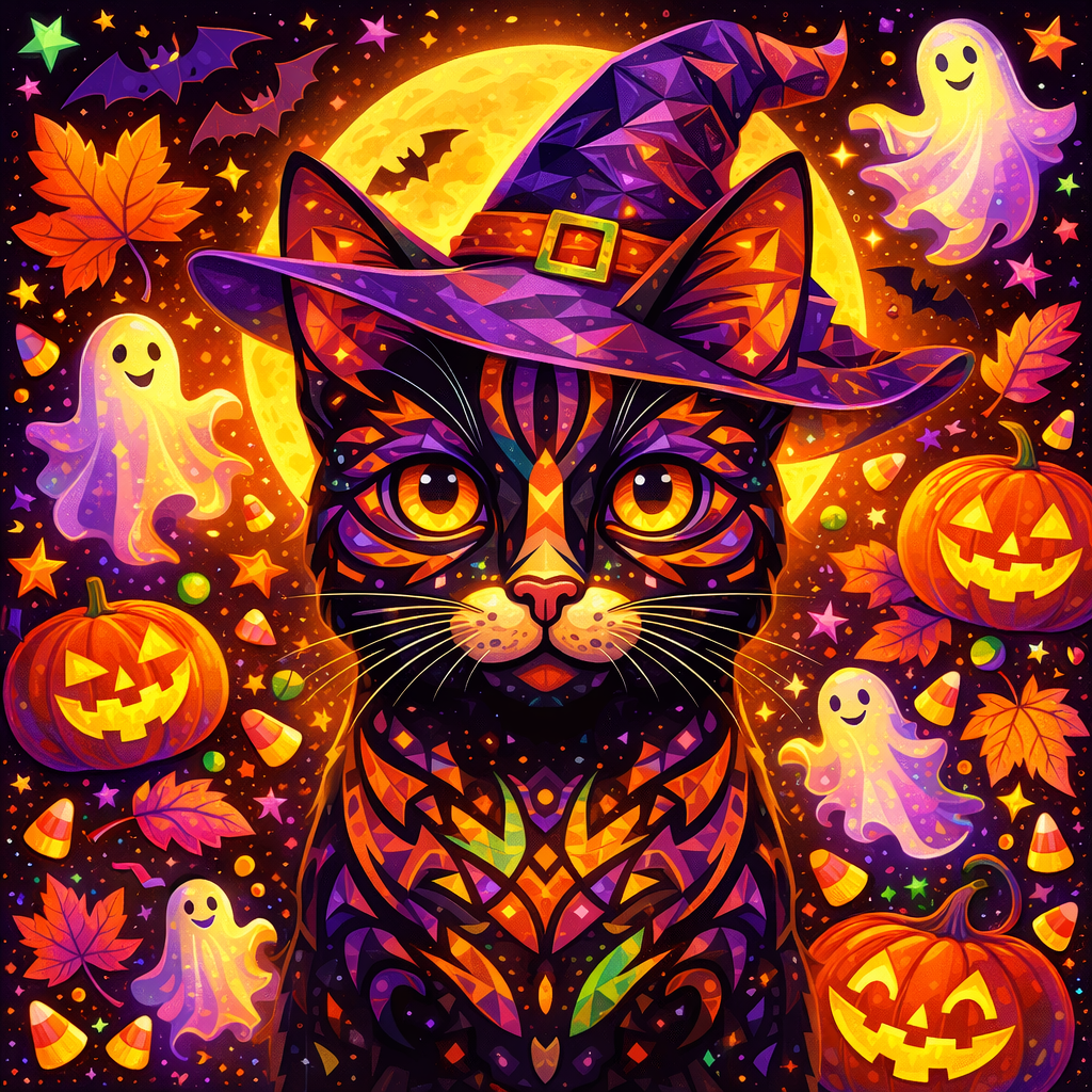 Black Halloween cat graphic print with witch hat, ghosts, pumpkins