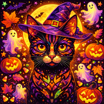 Black Halloween cat graphic print with witch hat, ghosts, pumpkins