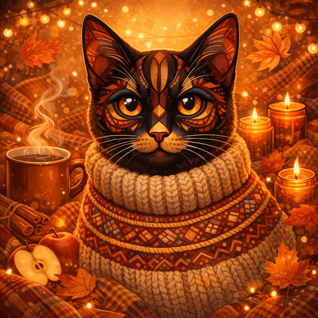 Cat sweatshirt with knitted sweater and patterned scarf, fall leaves print