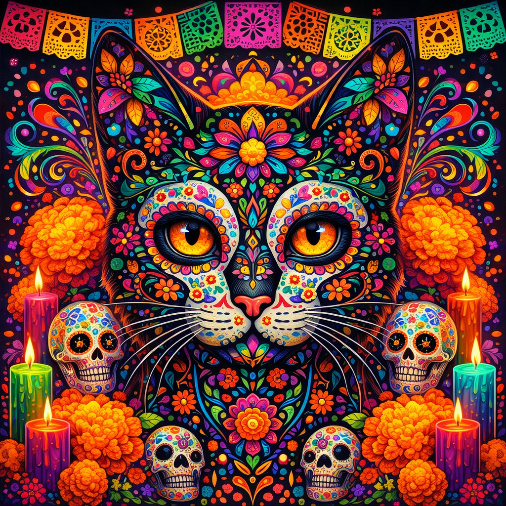 Colorful Dia de los Muertos cat skull print with flowers, candles, and decorative sugar skulls