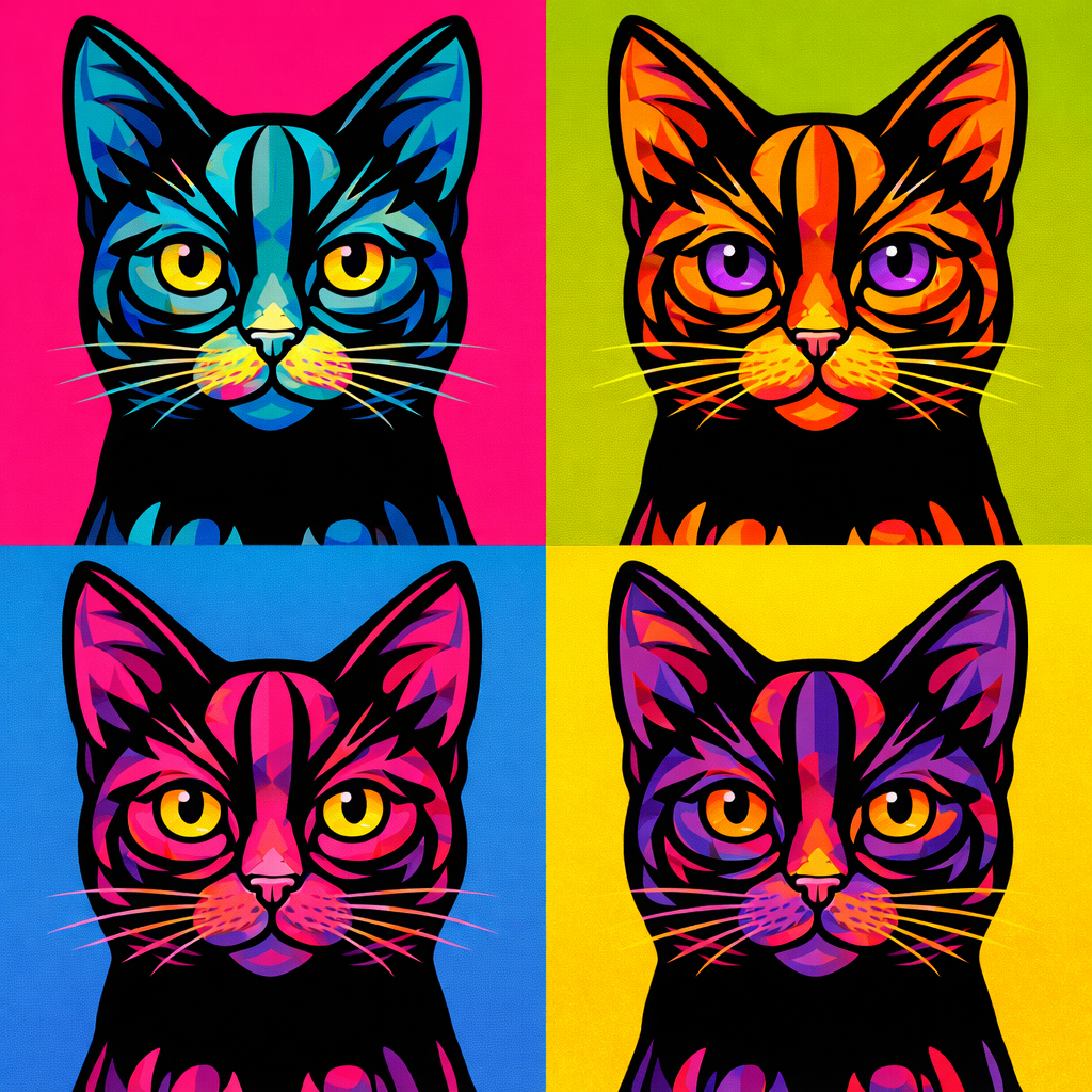 Pop art cat face print with colorful abstract eyes and ears