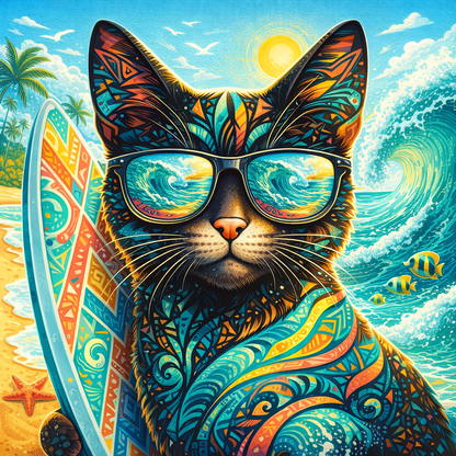 Surf Vibes cat artwork print with sunglasses and surfboard beside ocean waves