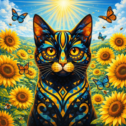 Geometric cat art print with sunflowers and butterflies in a bright field scene