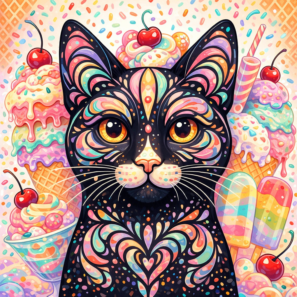 Colorful cat ice cream pattern art print, black cat with rainbow swirls and eyes