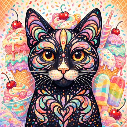 Colorful cat ice cream pattern art print, black cat with rainbow swirls and eyes