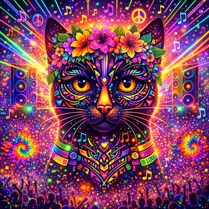 Music festival graphic print: colorful cat with floral crown and musical notes